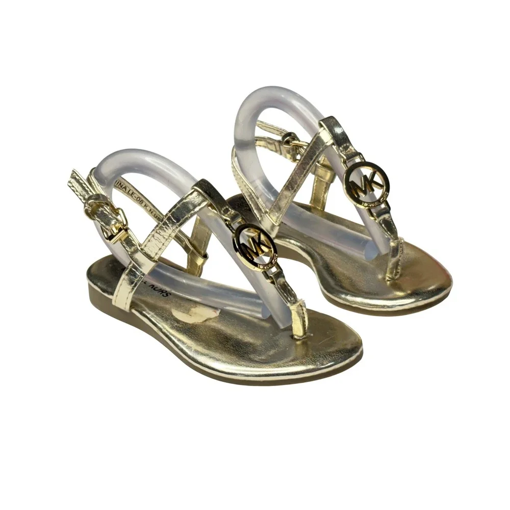 Michael Kors Mandy Thong T-Strap Sandals sz‎ 7 Gold Medallion Toddler